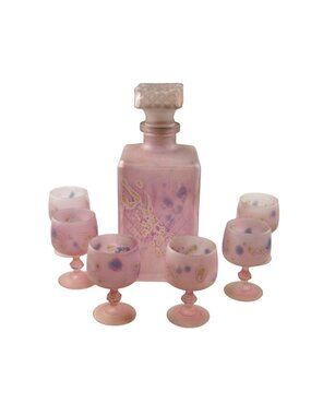 Vintage Decanter Set 7 Frosted Glass Decanter 6 Glasses Hand Painted France